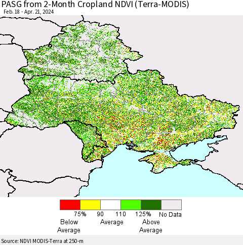 Ukraine, Moldova and Belarus PASG from 2-Month Cropland NDVI (Terra-MODIS) Thematic Map For 4/14/2024 - 4/21/2024