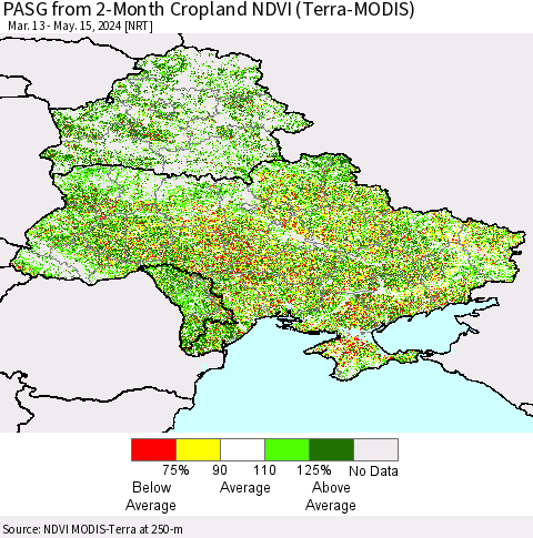 Ukraine, Moldova and Belarus PASG from 2-Month Cropland NDVI (Terra-MODIS) Thematic Map For 5/8/2024 - 5/15/2024