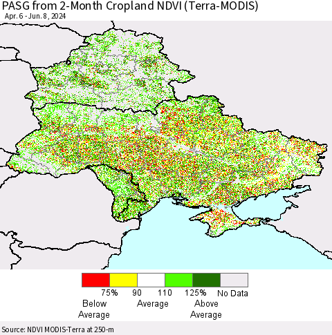 Ukraine, Moldova and Belarus PASG from 2-Month Cropland NDVI (Terra-MODIS) Thematic Map For 6/1/2024 - 6/8/2024