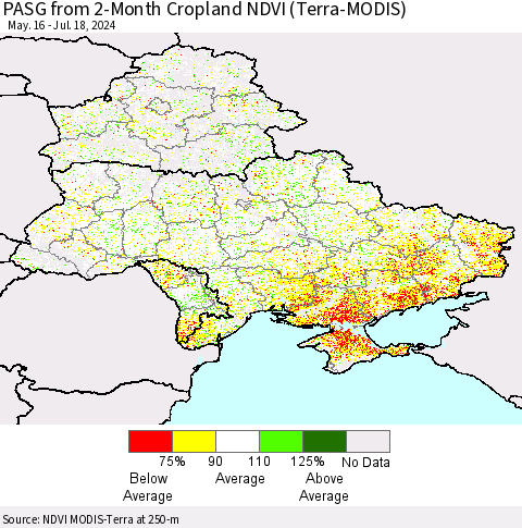 Ukraine, Moldova and Belarus PASG from 2-Month Cropland NDVI (Terra-MODIS) Thematic Map For 7/11/2024 - 7/18/2024