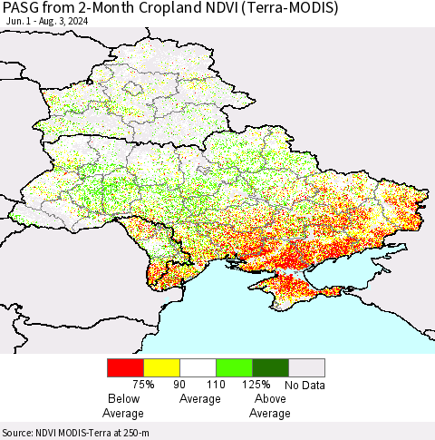 Ukraine, Moldova and Belarus PASG from 2-Month Cropland NDVI (Terra-MODIS) Thematic Map For 7/27/2024 - 8/3/2024
