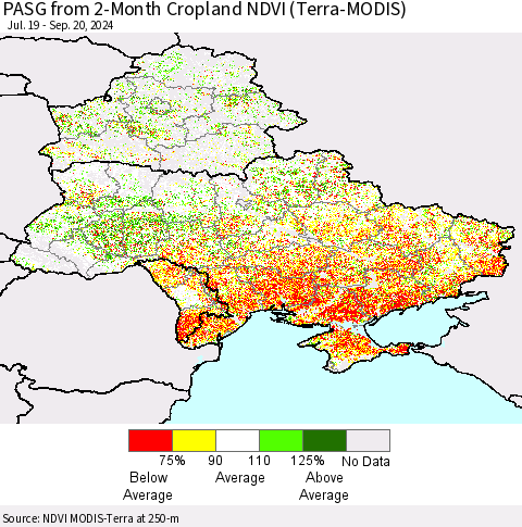 Ukraine, Moldova and Belarus PASG from 2-Month Cropland NDVI (Terra-MODIS) Thematic Map For 9/13/2024 - 9/20/2024