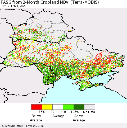 Ukraine, Moldova and Belarus PASG from 2-Month Cropland NDVI (Terra-MODIS) Thematic Map For 1/25/2025 - 2/1/2025