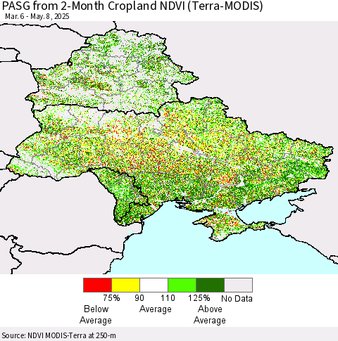 Ukraine, Moldova and Belarus PASG from 2-Month Cropland NDVI (Terra-MODIS) Thematic Map For 5/1/2025 - 5/8/2025