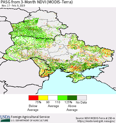 Ukraine, Moldova and Belarus PASG from 3-Month NDVI (Terra-MODIS) Thematic Map For 2/1/2019 - 2/10/2019