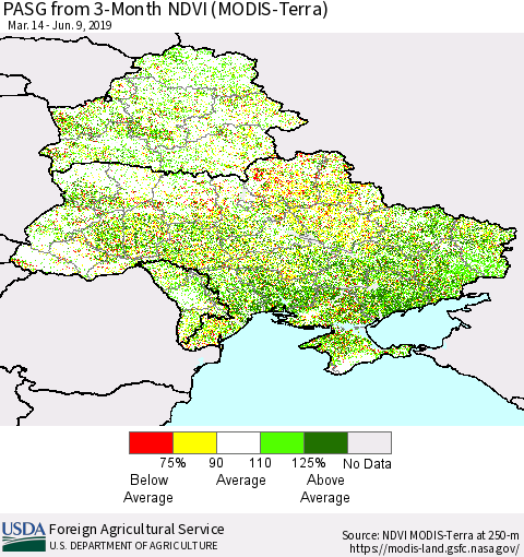 Ukraine, Moldova and Belarus PASG from 3-Month NDVI (Terra-MODIS) Thematic Map For 6/1/2019 - 6/10/2019