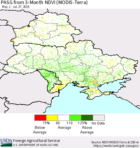 Ukraine, Moldova and Belarus PASG from 3-Month NDVI (MODIS-Terra) Thematic Map For 7/21/2019 - 7/31/2019