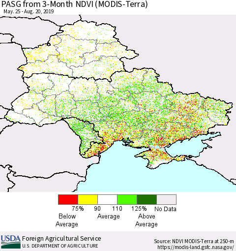 Ukraine, Moldova and Belarus PASG from 3-Month NDVI (Terra-MODIS) Thematic Map For 8/11/2019 - 8/20/2019