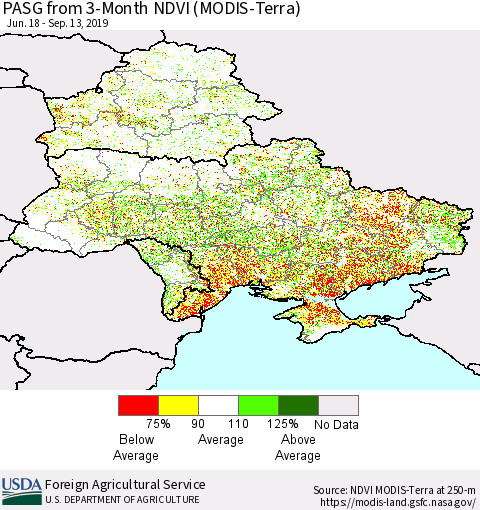 Ukraine, Moldova and Belarus PASG from 3-Month NDVI (MODIS-Terra) Thematic Map For 9/11/2019 - 9/20/2019
