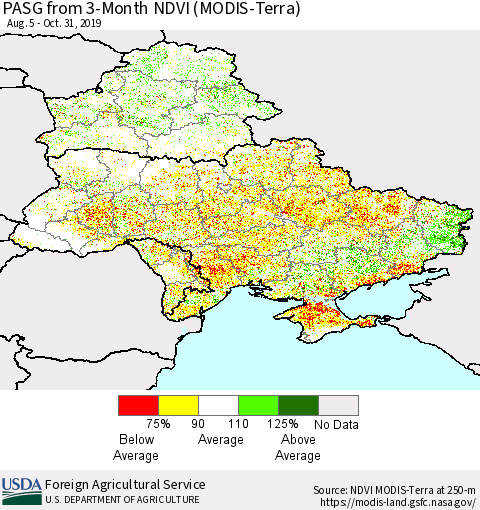 Ukraine, Moldova and Belarus PASG from 3-Month NDVI (Terra-MODIS) Thematic Map For 10/21/2019 - 10/31/2019