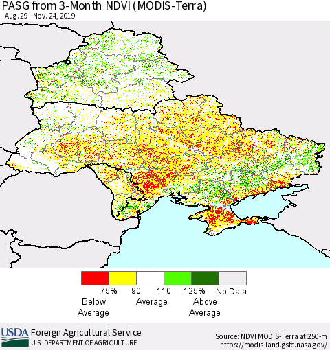 Ukraine, Moldova and Belarus PASG from 3-Month NDVI (Terra-MODIS) Thematic Map For 11/21/2019 - 11/30/2019
