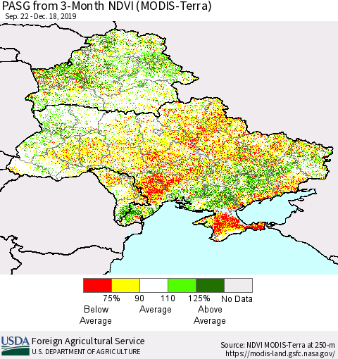 Ukraine, Moldova and Belarus PASG from 3-Month NDVI (MODIS-Terra) Thematic Map For 12/11/2019 - 12/20/2019