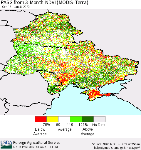 Ukraine, Moldova and Belarus PASG from 3-Month NDVI (Terra-MODIS) Thematic Map For 1/1/2020 - 1/10/2020
