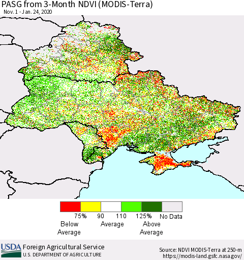 Ukraine, Moldova and Belarus PASG from 3-Month NDVI (Terra-MODIS) Thematic Map For 1/21/2020 - 1/31/2020