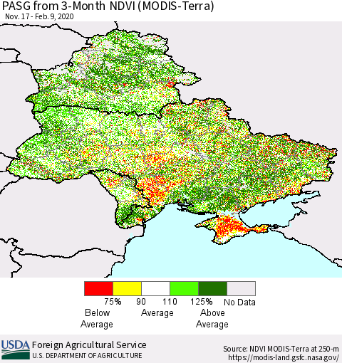 Ukraine, Moldova and Belarus PASG from 3-Month NDVI (Terra-MODIS) Thematic Map For 2/1/2020 - 2/10/2020