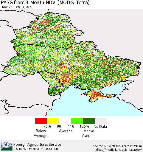 Ukraine, Moldova and Belarus PASG from 3-Month NDVI (Terra-MODIS) Thematic Map For 2/11/2020 - 2/20/2020