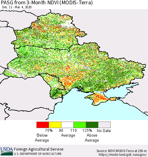 Ukraine, Moldova and Belarus PASG from 3-Month NDVI (Terra-MODIS) Thematic Map For 3/1/2020 - 3/10/2020