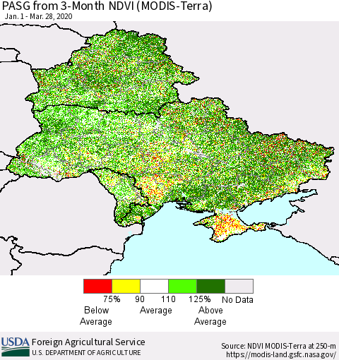 Ukraine, Moldova and Belarus PASG from 3-Month NDVI (Terra-MODIS) Thematic Map For 3/21/2020 - 3/31/2020