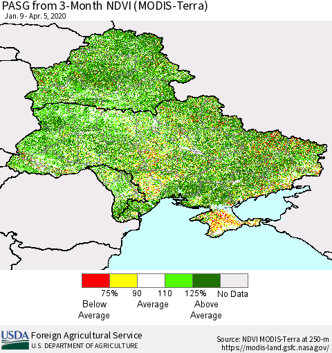 Ukraine, Moldova and Belarus PASG from 3-Month NDVI (Terra-MODIS) Thematic Map For 4/1/2020 - 4/10/2020
