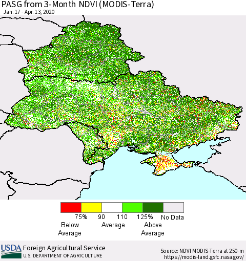 Ukraine, Moldova and Belarus PASG from 3-Month NDVI (Terra-MODIS) Thematic Map For 4/11/2020 - 4/20/2020