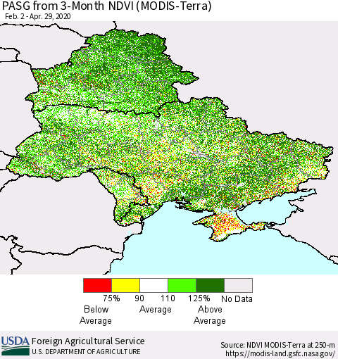 Ukraine, Moldova and Belarus PASG from 3-Month NDVI (Terra-MODIS) Thematic Map For 4/21/2020 - 4/30/2020