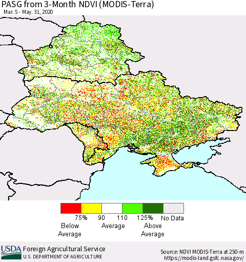 Ukraine, Moldova and Belarus PASG from 3-Month NDVI (Terra-MODIS) Thematic Map For 5/21/2020 - 5/31/2020