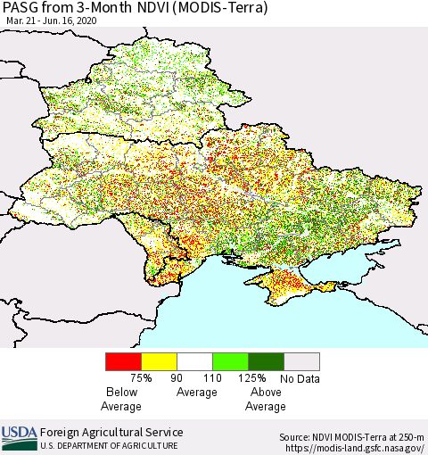 Ukraine, Moldova and Belarus PASG from 3-Month NDVI (Terra-MODIS) Thematic Map For 6/11/2020 - 6/20/2020
