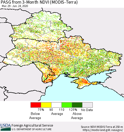 Ukraine, Moldova and Belarus PASG from 3-Month NDVI (Terra-MODIS) Thematic Map For 6/21/2020 - 6/30/2020
