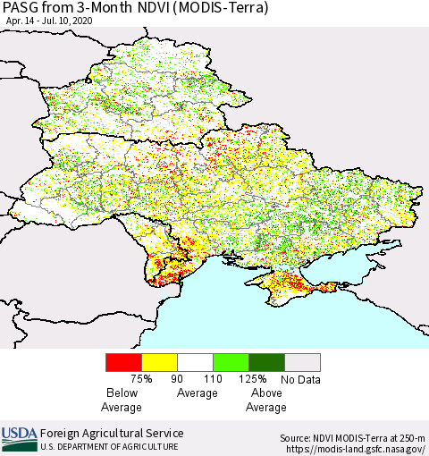 Ukraine, Moldova and Belarus PASG from 3-Month NDVI (Terra-MODIS) Thematic Map For 7/1/2020 - 7/10/2020