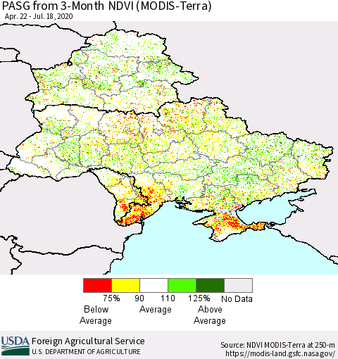 Ukraine, Moldova and Belarus PASG from 3-Month NDVI (Terra-MODIS) Thematic Map For 7/11/2020 - 7/20/2020