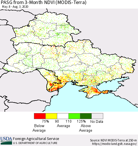 Ukraine, Moldova and Belarus PASG from 3-Month NDVI (Terra-MODIS) Thematic Map For 8/1/2020 - 8/10/2020
