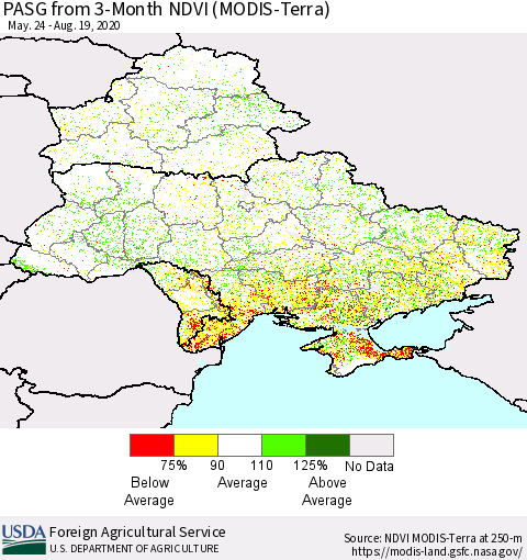 Ukraine, Moldova and Belarus PASG from 3-Month NDVI (Terra-MODIS) Thematic Map For 8/11/2020 - 8/20/2020