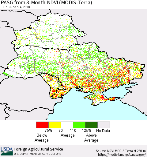 Ukraine, Moldova and Belarus PASG from 3-Month NDVI (Terra-MODIS) Thematic Map For 9/1/2020 - 9/10/2020