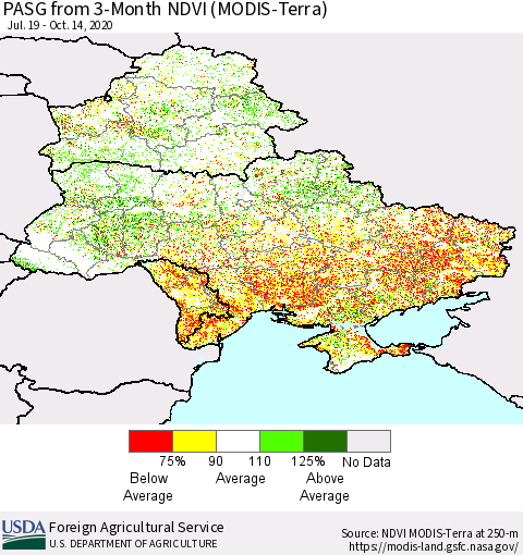 Ukraine, Moldova and Belarus PASG from 3-Month NDVI (Terra-MODIS) Thematic Map For 10/11/2020 - 10/20/2020