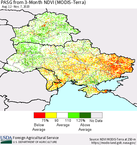 Ukraine, Moldova and Belarus PASG from 3-Month NDVI (Terra-MODIS) Thematic Map For 11/1/2020 - 11/10/2020