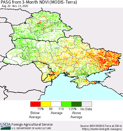 Ukraine, Moldova and Belarus PASG from 3-Month NDVI (Terra-MODIS) Thematic Map For 11/11/2020 - 11/20/2020