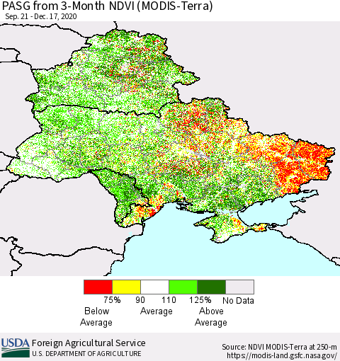 Ukraine, Moldova and Belarus PASG from 3-Month NDVI (Terra-MODIS) Thematic Map For 12/11/2020 - 12/20/2020