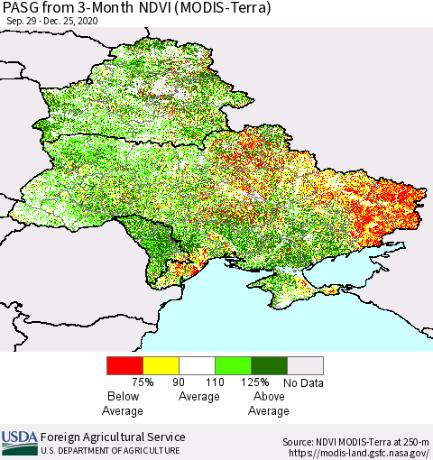 Ukraine, Moldova and Belarus PASG from 3-Month NDVI (Terra-MODIS) Thematic Map For 12/21/2020 - 12/31/2020