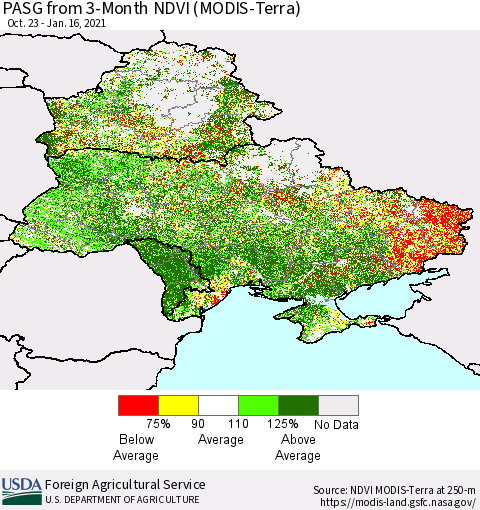 Ukraine, Moldova and Belarus PASG from 3-Month NDVI (Terra-MODIS) Thematic Map For 1/11/2021 - 1/20/2021