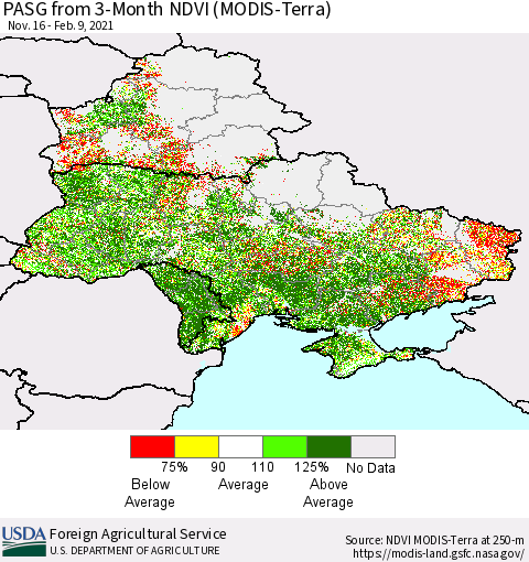 Ukraine, Moldova and Belarus PASG from 3-Month NDVI (Terra-MODIS) Thematic Map For 2/1/2021 - 2/10/2021