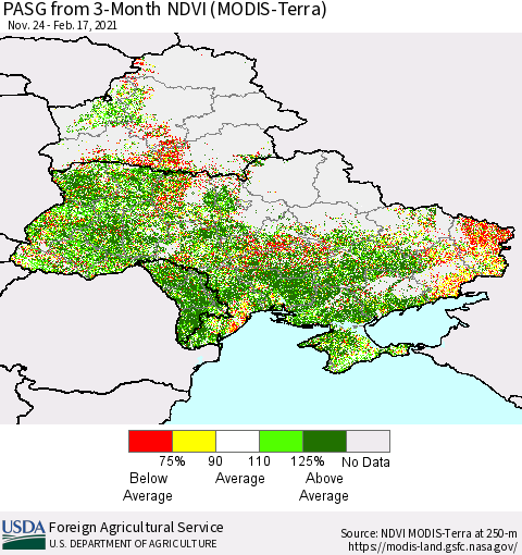 Ukraine, Moldova and Belarus PASG from 3-Month NDVI (Terra-MODIS) Thematic Map For 2/11/2021 - 2/20/2021