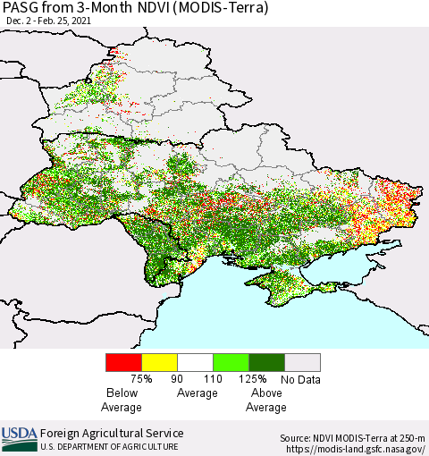 Ukraine, Moldova and Belarus PASG from 3-Month NDVI (Terra-MODIS) Thematic Map For 2/21/2021 - 2/28/2021