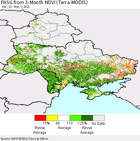 Ukraine, Moldova and Belarus PASG from 3-Month NDVI (Terra-MODIS) Thematic Map For 2/26/2021 - 3/5/2021