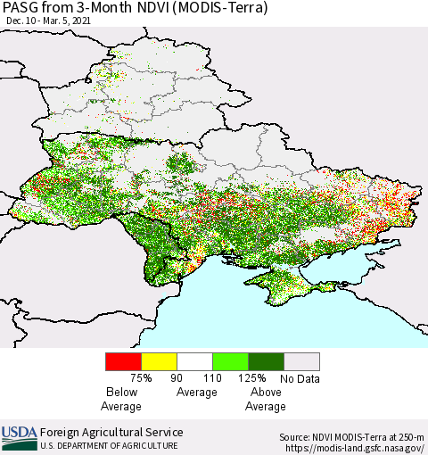Ukraine, Moldova and Belarus PASG from 3-Month NDVI (Terra-MODIS) Thematic Map For 3/1/2021 - 3/10/2021