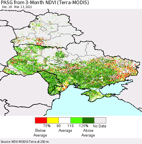Ukraine, Moldova and Belarus PASG from 3-Month NDVI (Terra-MODIS) Thematic Map For 3/6/2021 - 3/13/2021