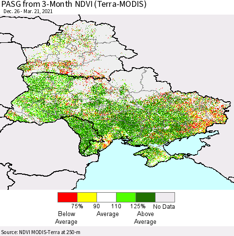 Ukraine, Moldova and Belarus PASG from 3-Month NDVI (Terra-MODIS) Thematic Map For 3/14/2021 - 3/21/2021