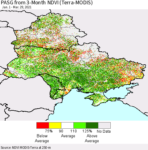 Ukraine, Moldova and Belarus PASG from 3-Month NDVI (Terra-MODIS) Thematic Map For 3/22/2021 - 3/29/2021