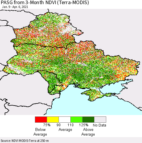 Ukraine, Moldova and Belarus PASG from 3-Month NDVI (Terra-MODIS) Thematic Map For 3/30/2021 - 4/6/2021