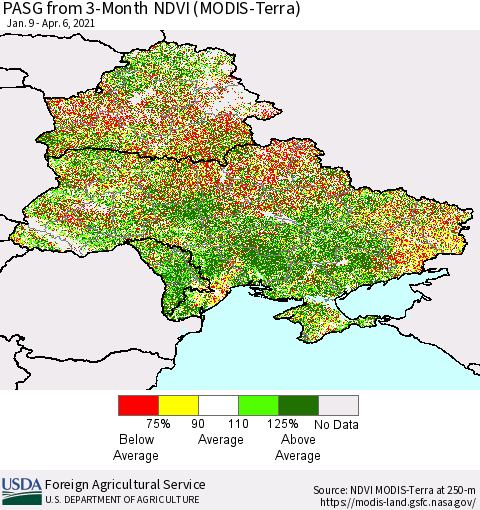 Ukraine, Moldova and Belarus PASG from 3-Month NDVI (Terra-MODIS) Thematic Map For 4/1/2021 - 4/10/2021