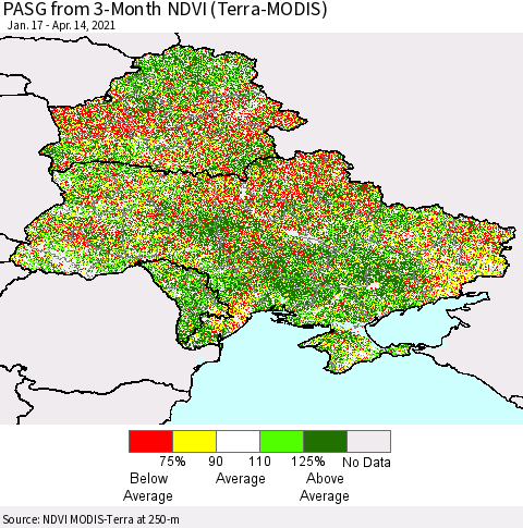Ukraine, Moldova and Belarus PASG from 3-Month NDVI (Terra-MODIS) Thematic Map For 4/7/2021 - 4/14/2021